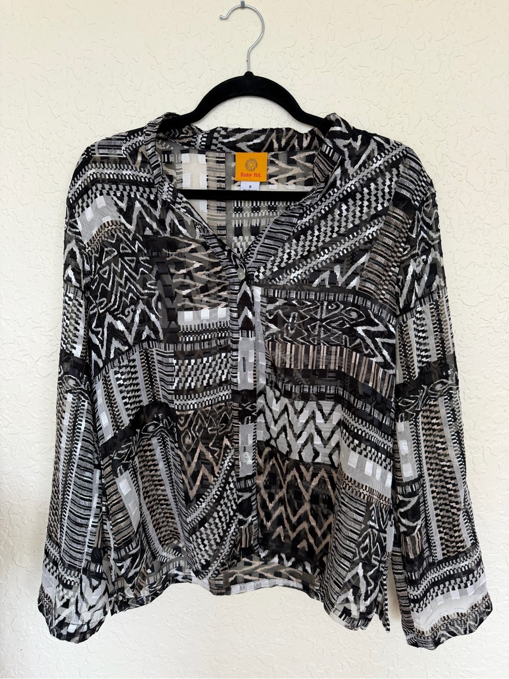 Ruby Rd Black White Geometric Sheer Roll Tab Blouse Size 8